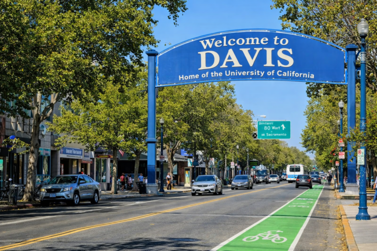 Davis California city view with roadway for airport shuttle transportation