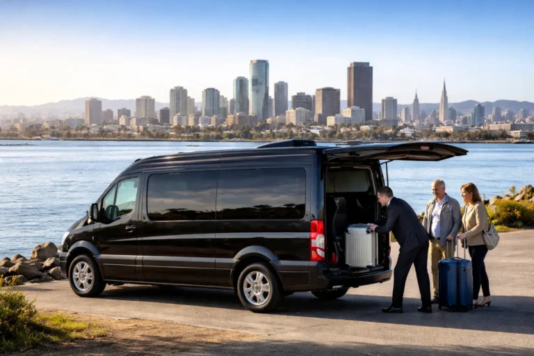 Professional Alameda airport shuttle service van providing reliable and comfortable airport transportation with luggage assistance.