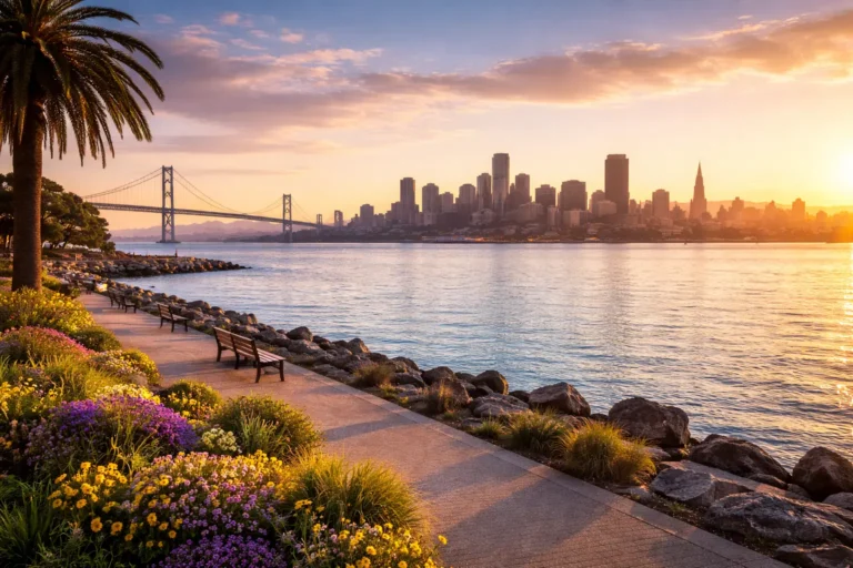 Scenic waterfront view of Alameda California showcasing coastal charm and Bay Area skyline near Crown Memorial State Beach.