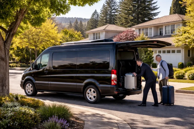Luxury Alamo airport shuttle service van providing reliable and professional airport transportation with luggage assistance.