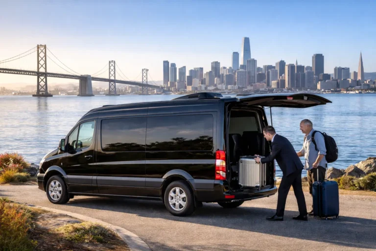 Luxury Albany airport shuttle service van providing reliable and professional airport transportation with luggage assistance near the Bay Area.