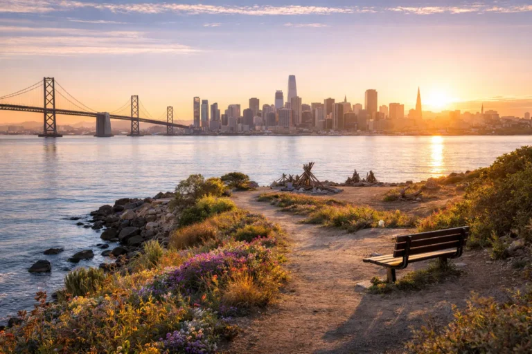 Albany California Waterfront | Bay Area Skyline View Scenic waterfront view of Albany California with San Francisco skyline and Bay Bridge in the background.
