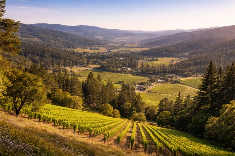 Scenic hillside view of Angwin California overlooking Napa Valley vineyards and wooded surroundings