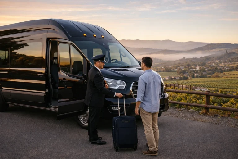 Airport shuttle departing from hillside community in Angwin California