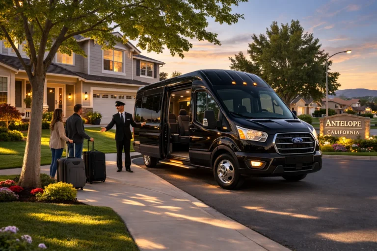 Professional Antelope airport shuttle van providing residential pickup with luggage assistance