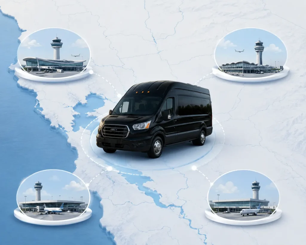 Shuttle service providing direct airport transfers to SMF, SFO, OAK, and SJC