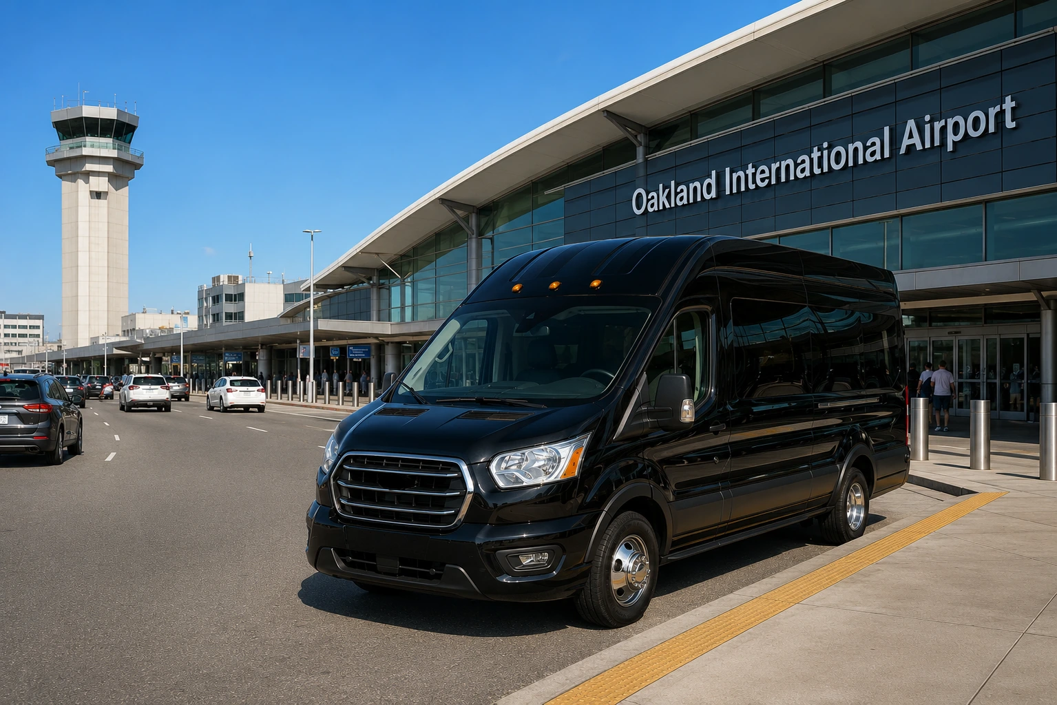 Private airport shuttle arriving at Oakland International Airport from Davis