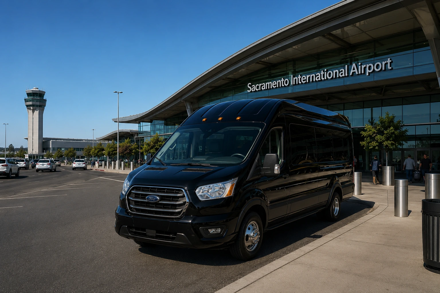 Private airport shuttle arriving at Sacramento International Airport from Davis