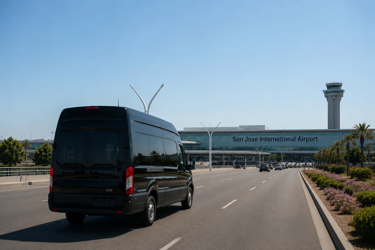 Shuttle approaching San Jose International Airport terminal after a long distance ride