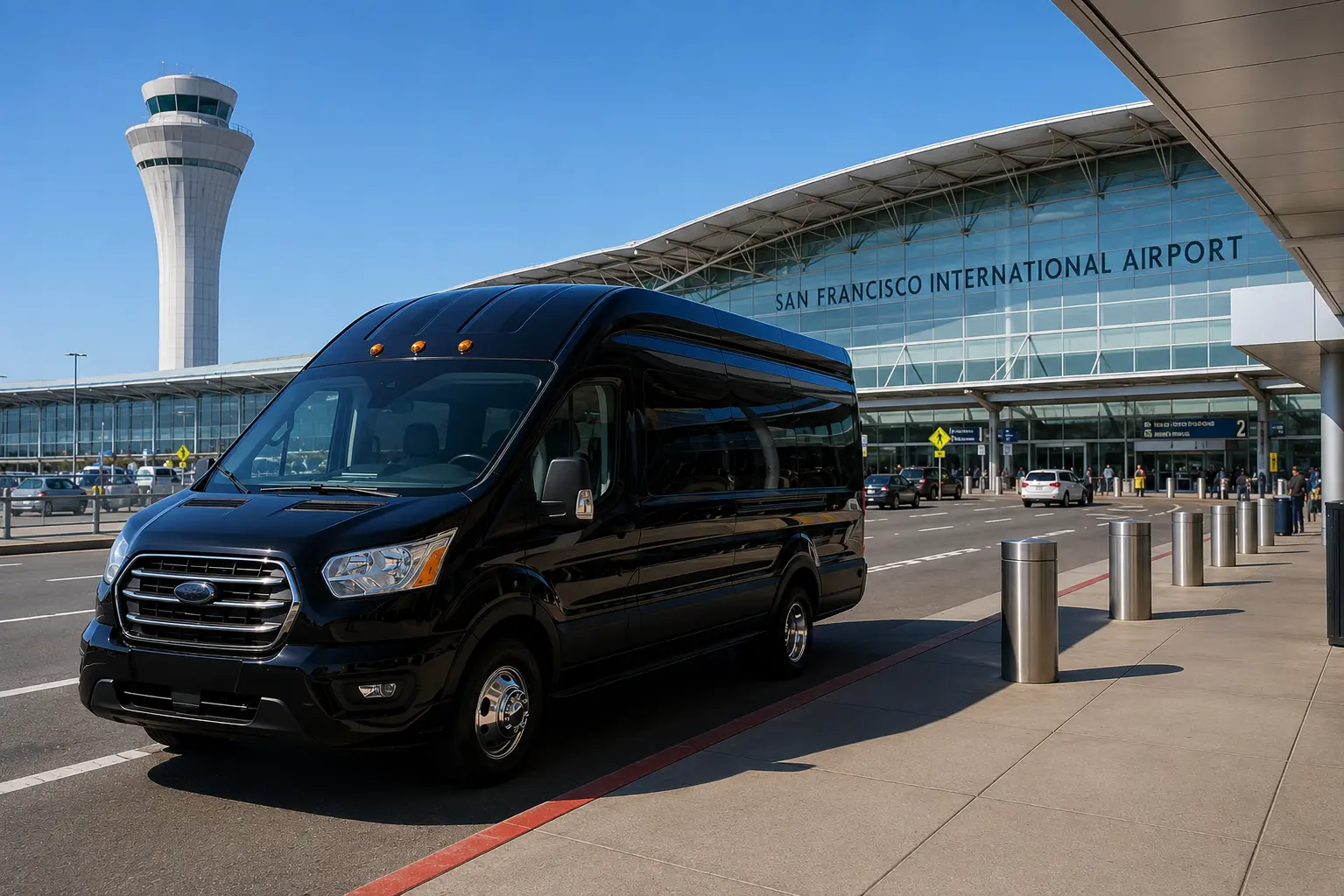Private airport shuttle arriving at San Francisco International Airport from Davis