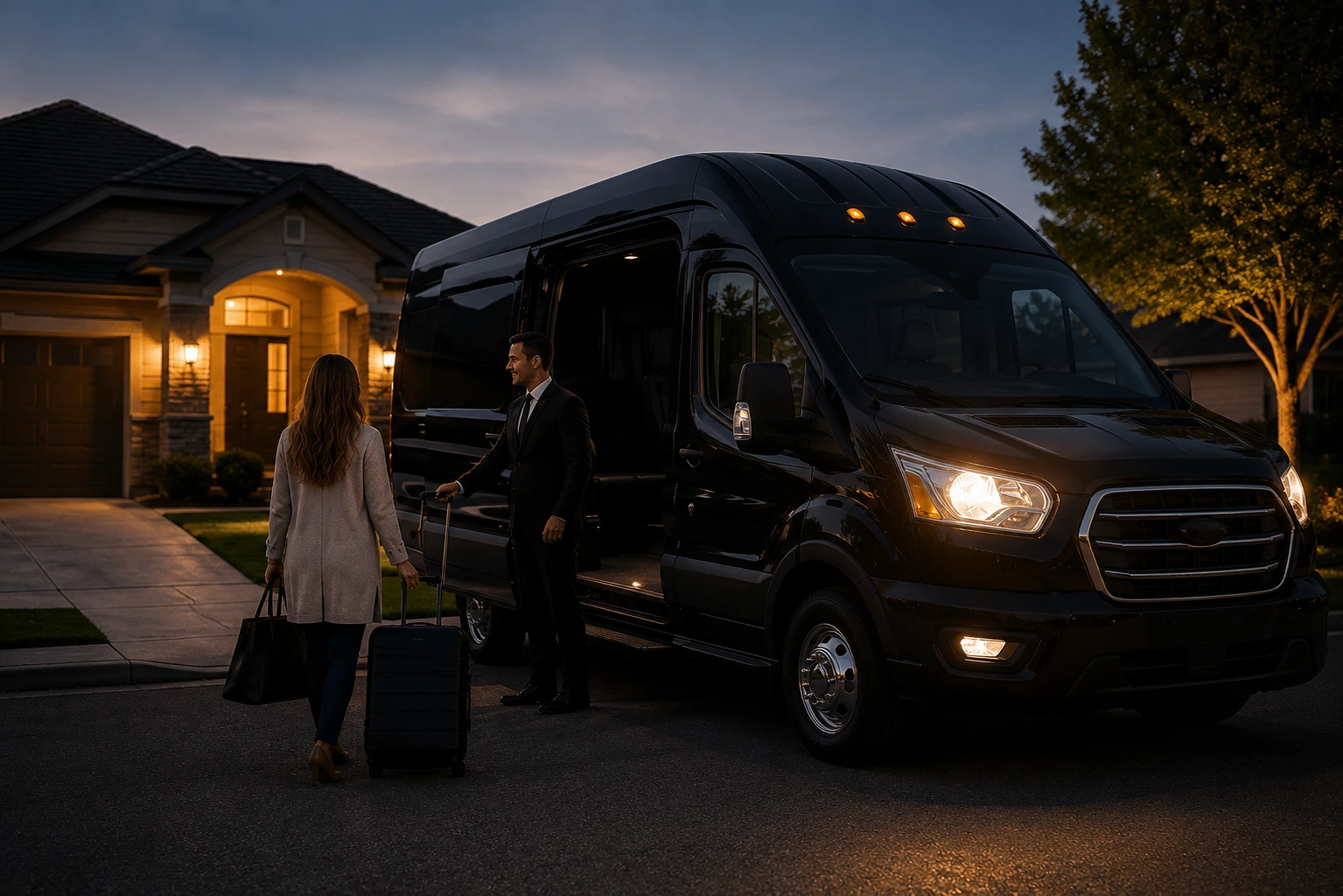 Airport shuttle picking up passengers from a Fairfield home at night