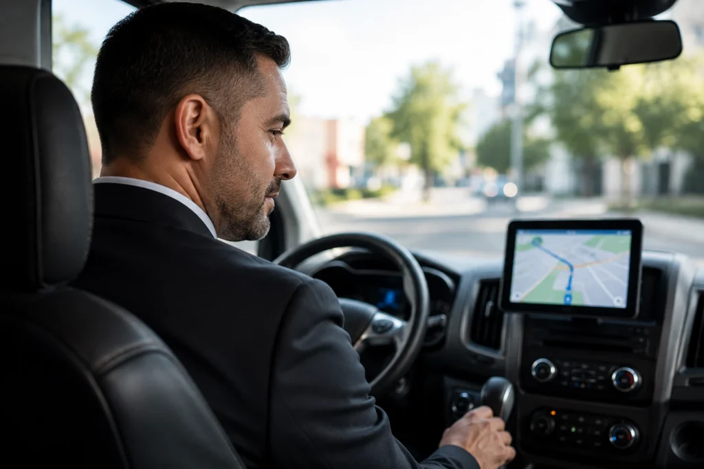 Professional driver checking navigation route for on time Fairfield airport transfer