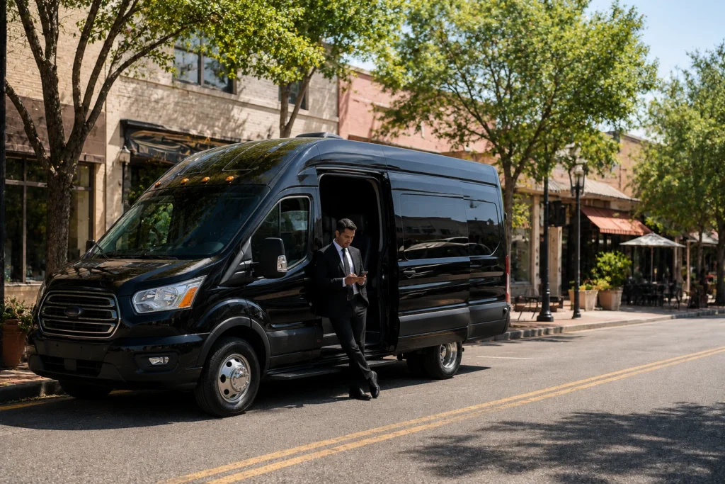Dedicated shuttle vehicle parked outside shops for hourly as directed service