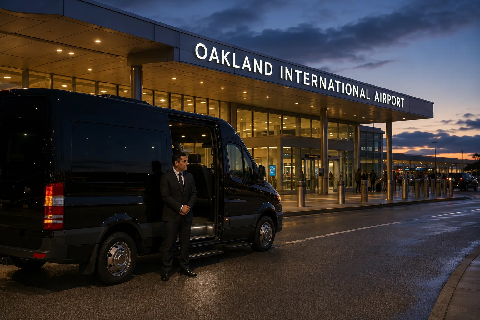 Shuttle arriving at Oakland International Airport terminal for around the clock Fairfield service
