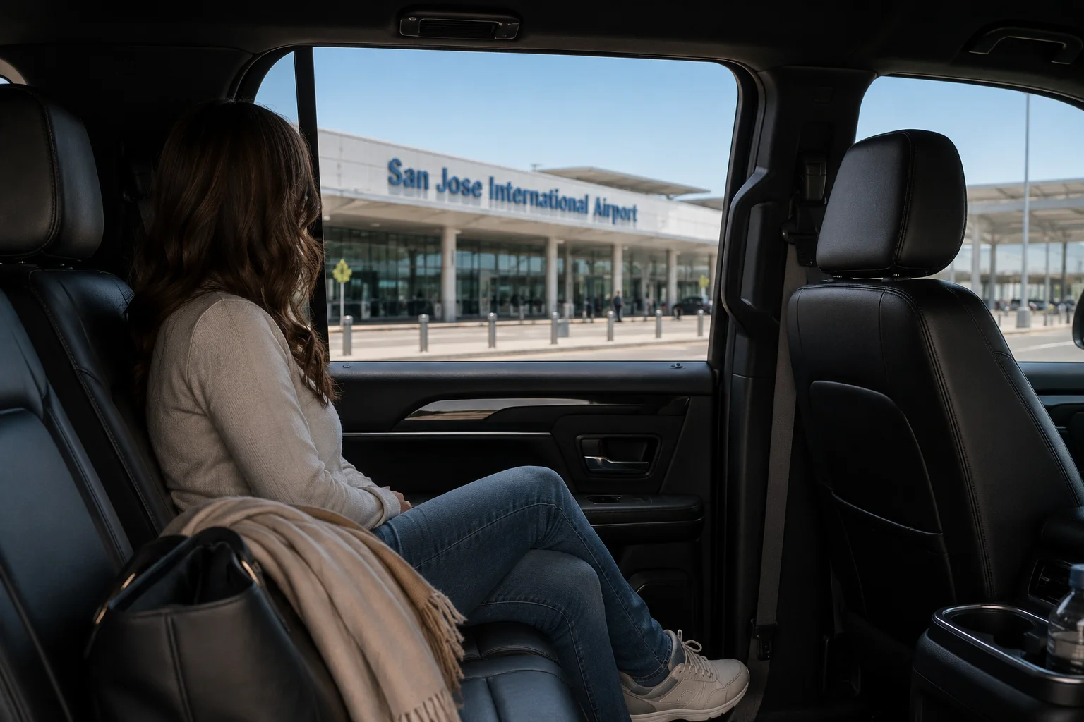 Fairfield to San Jose International Airport Long Distance Shuttle Service Relaxed passenger viewing San Jose International Airport terminal through shuttle window