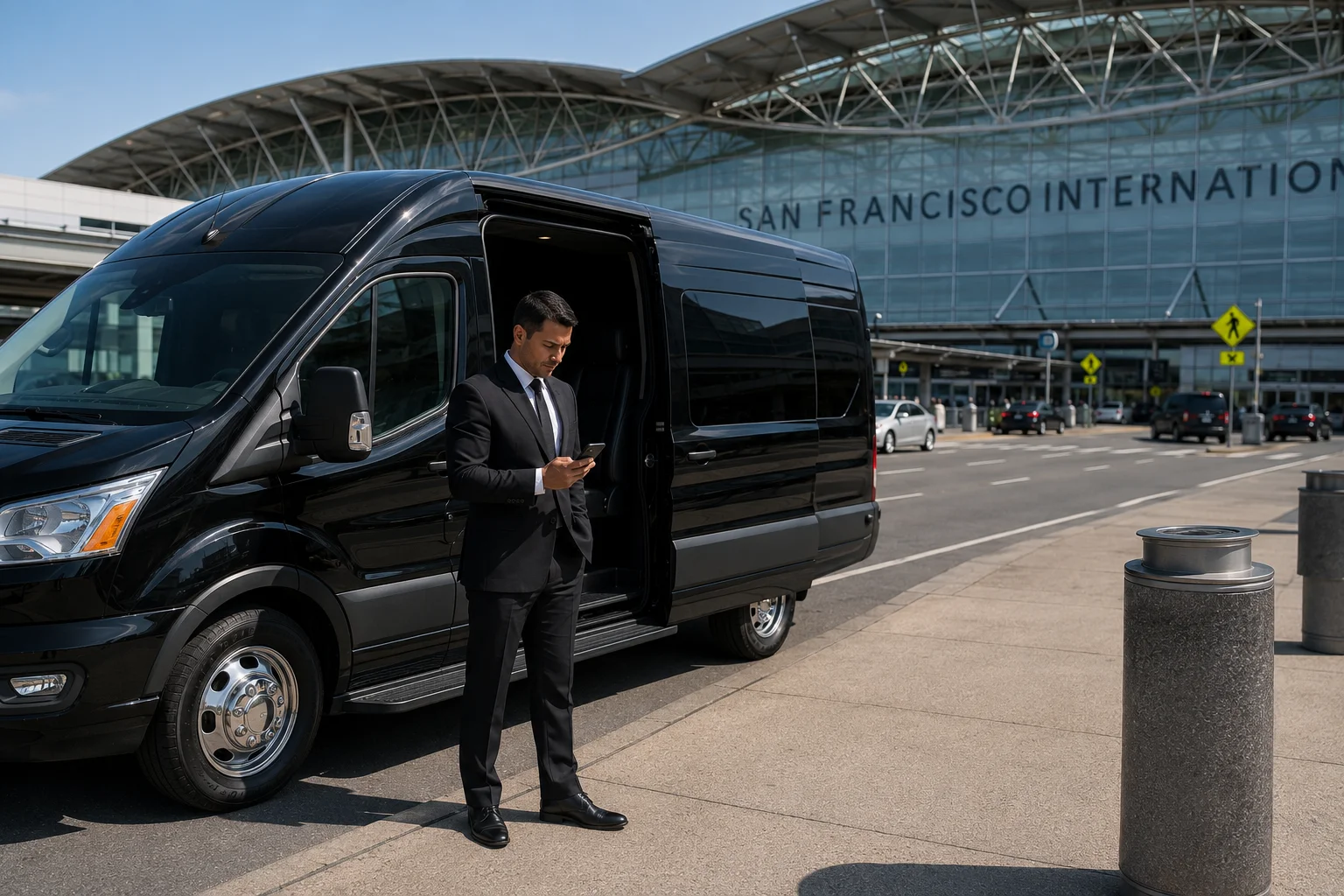 Driver checking flight status before Fairfield to San Francisco International Airport shuttle pickup