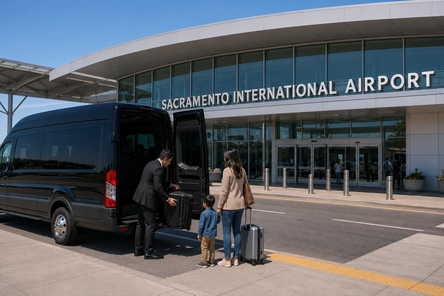 Family arriving with shuttle driver at Sacramento International Airport terminal from Fairfield