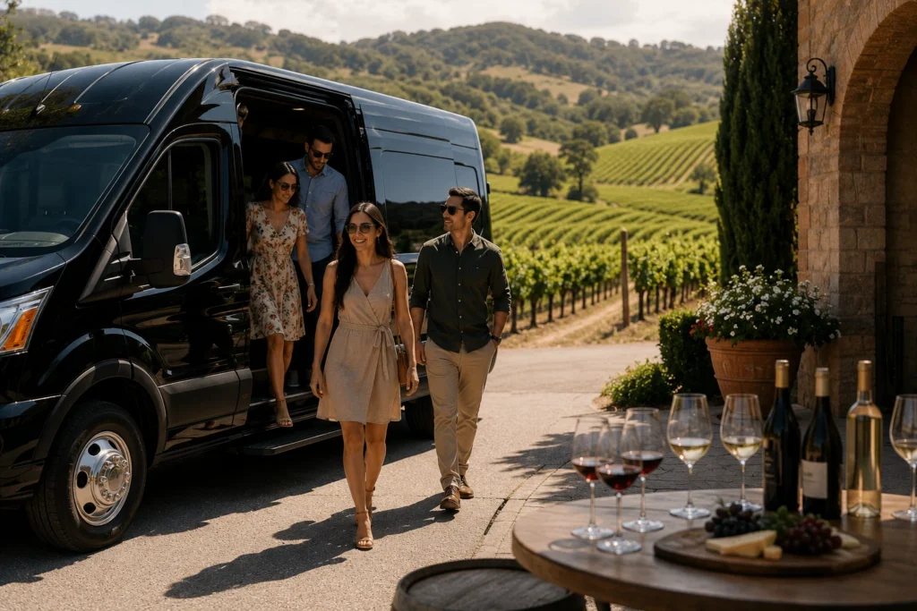 Passengers stepping out of a shuttle at a Northern California vineyard for a wine tour