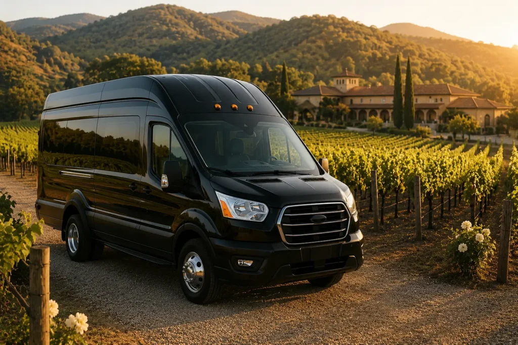 Private shuttle parked at a Napa vineyard for wine tour transportation