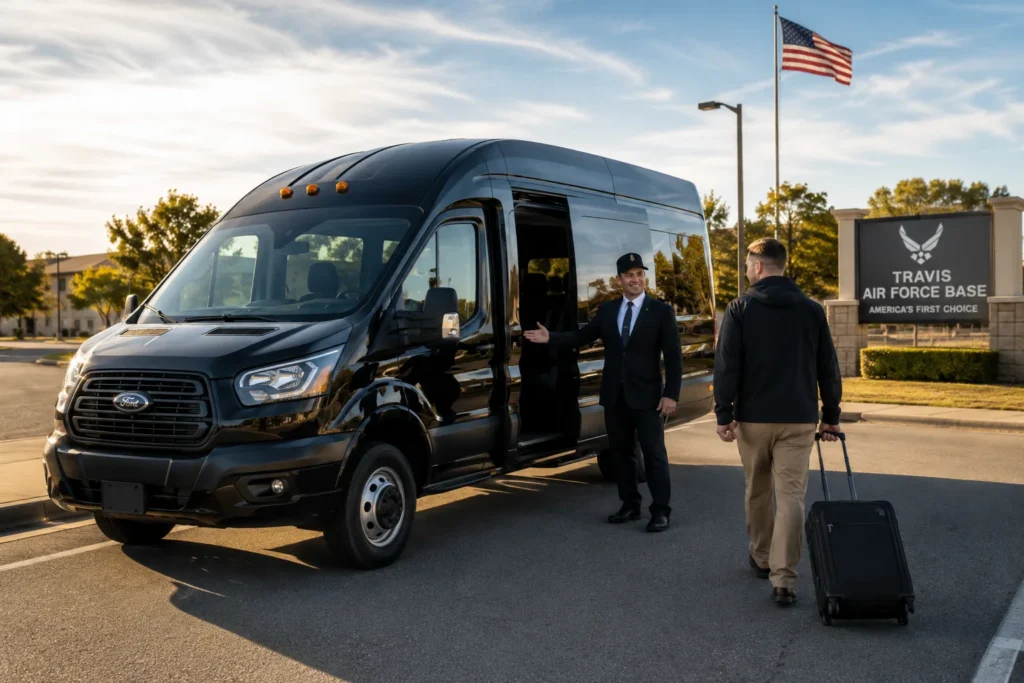 Black shuttle van waiting near Travis Air Force Base for airport transportation