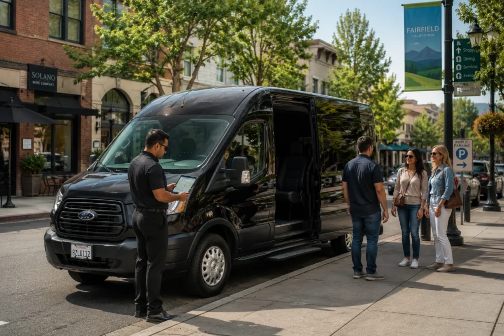 Shuttle van waiting curbside for an hourly charter booking