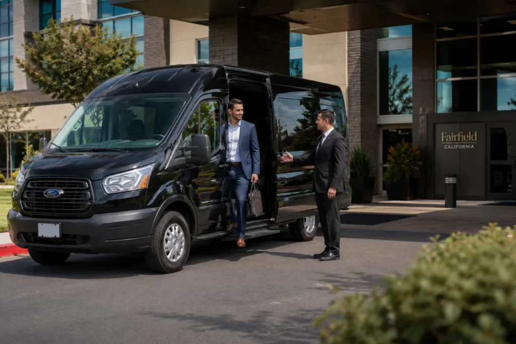Shuttle van dropping off a traveler for a point to point business trip