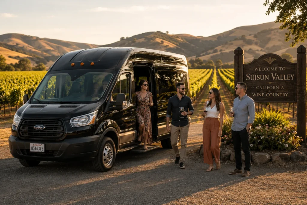 Shuttle van parked at a Suisun Valley vineyard during a wine tour