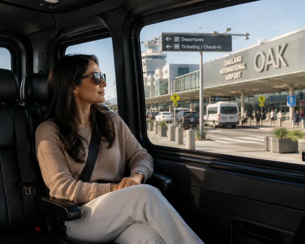Comfortable Arrival from Travis to Oakland Airport Traveler inside shuttle van arriving at Oakland International Airport terminal
