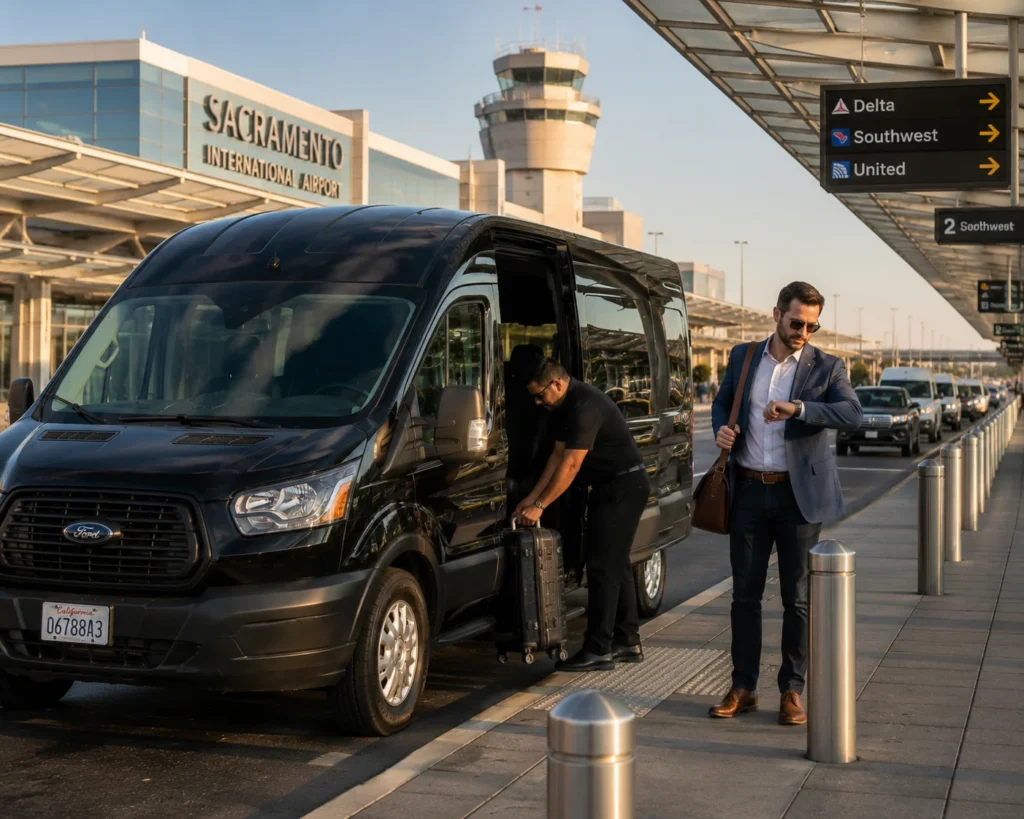 Shuttle van dropping off a traveler at Sacramento International Airport terminal
