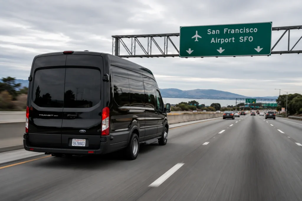 Shuttle van driving toward San Francisco International Airport from Travis