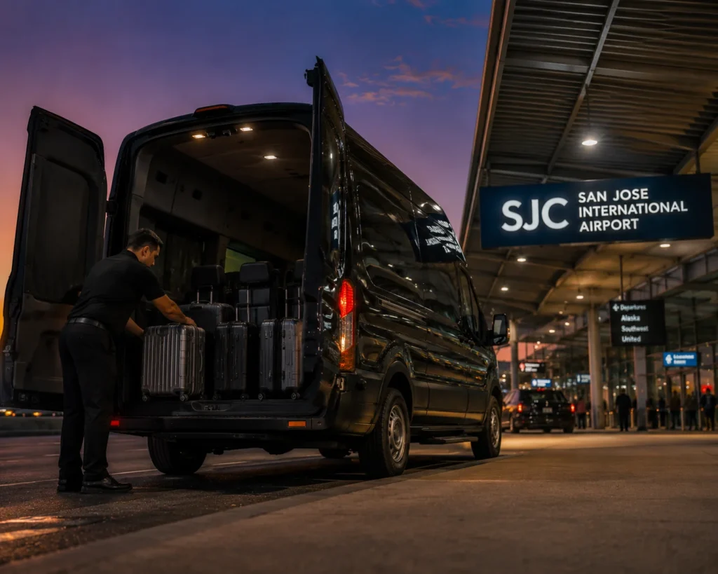 Long Distance Shuttle from Travis to San Jose Airport Driver loading luggage into shuttle van at dusk near San Jose Airport