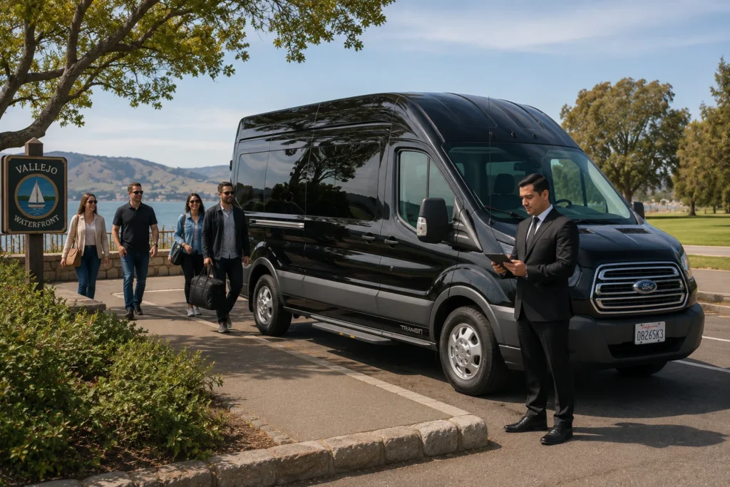 Shuttle van waiting during an hourly rental sightseeing stop in Vallejo