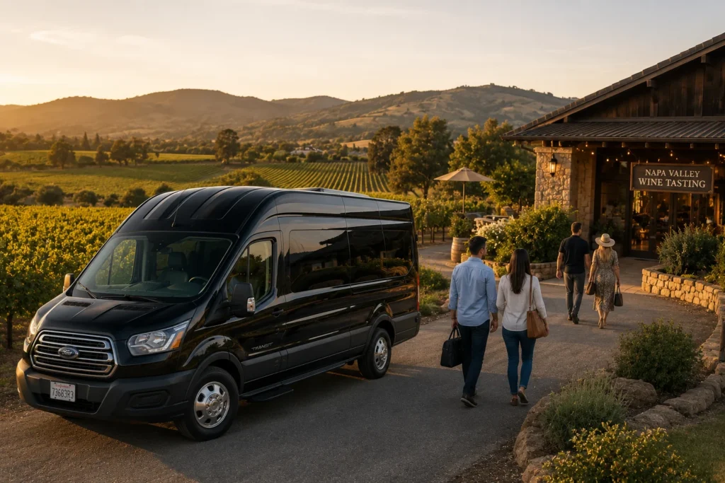 Shuttle van parked at a Napa Valley vineyard during a custom wine tour