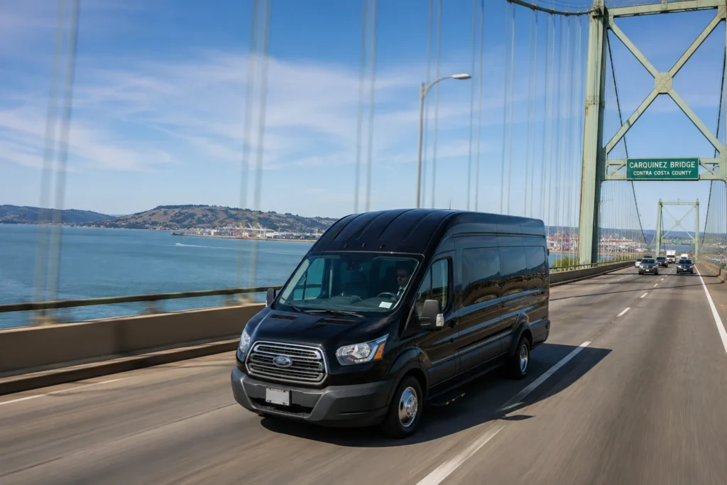 Shuttle van crossing Carquinez Bridge for point to point travel
