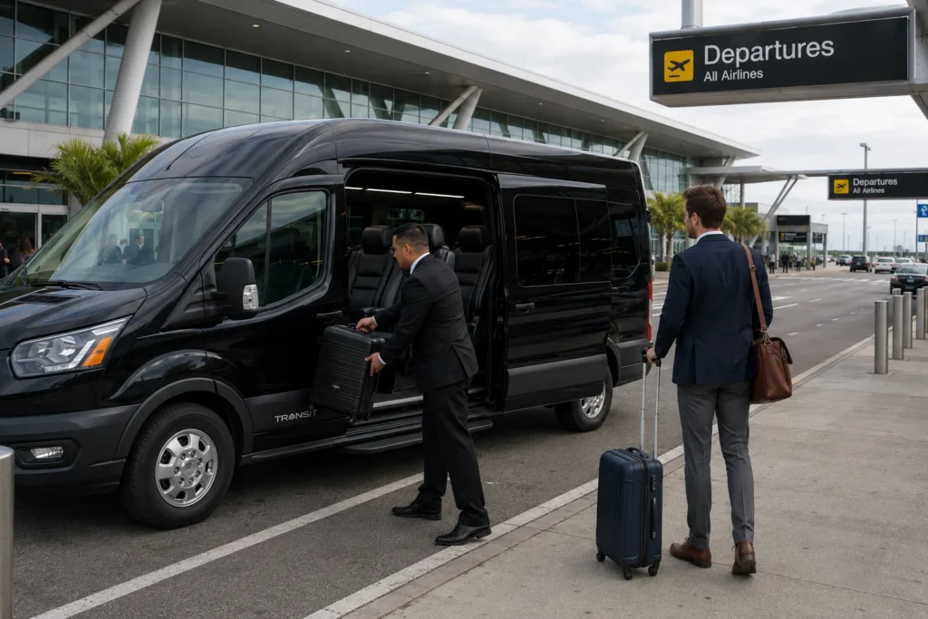 Luxury shuttle van loading luggage at airport terminal for transfer