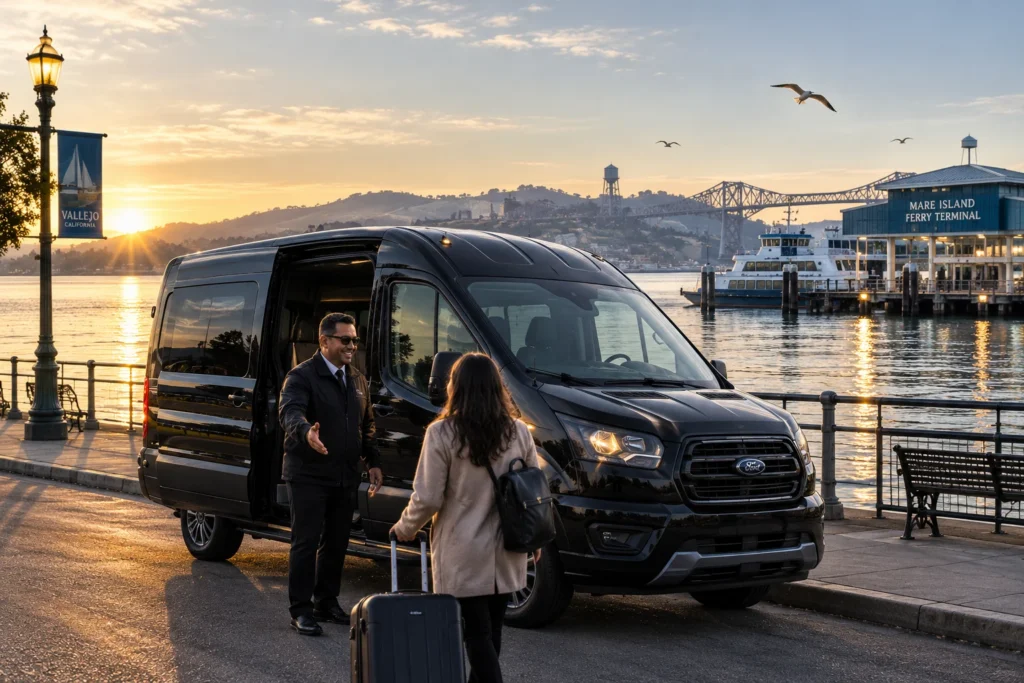 Shuttle van parked along the Vallejo waterfront for airport pickup