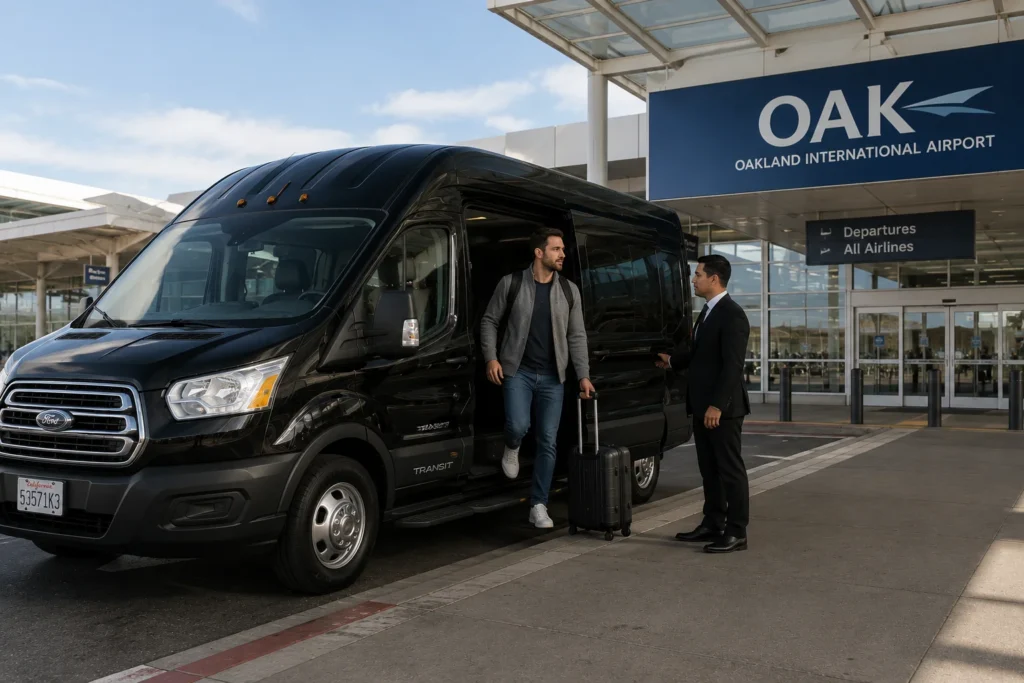 Solo traveler exiting shuttle van at Oakland International Airport terminal