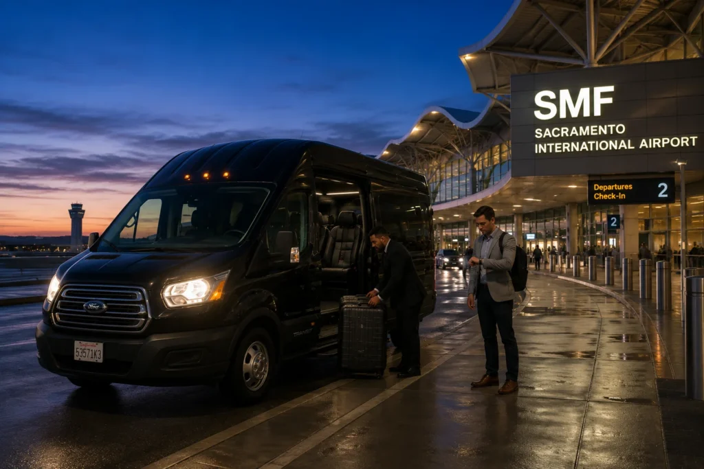 Shuttle van arriving at Sacramento International Airport terminal before sunrise
