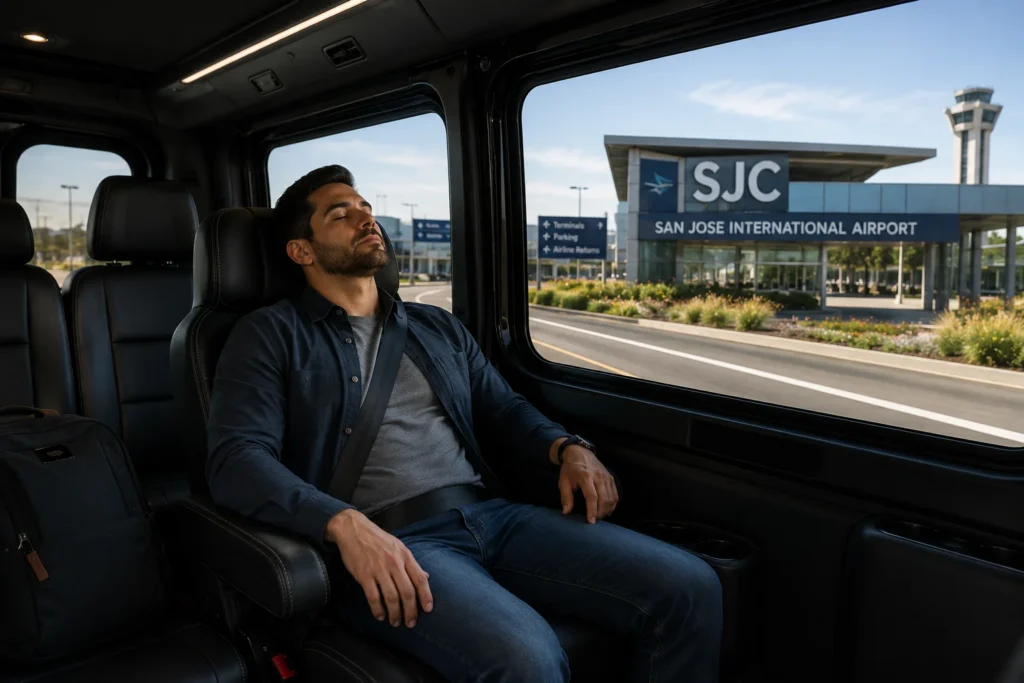 Traveler resting inside shuttle van approaching San Jose International Airport
