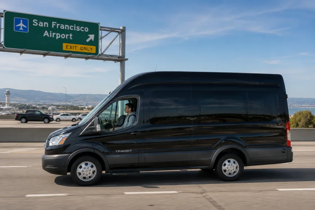 Shuttle van passing San Francisco Airport exit sign with traveler visible